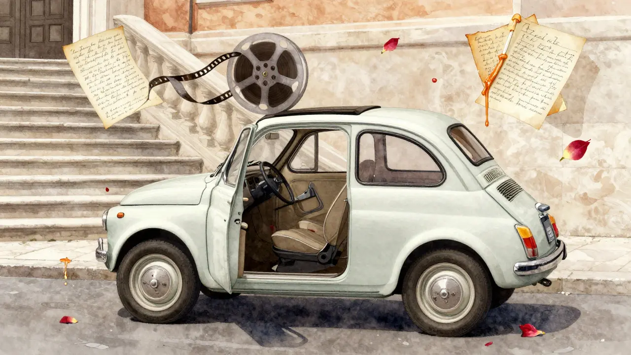 A vintage Fiat 500 near the Spanish Steps emits film reels and rose petals, symbolizing artistic rebellion.