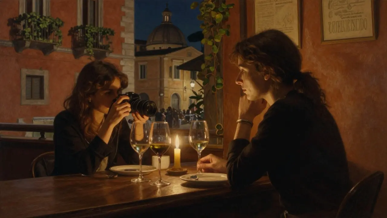 A woman sits at a quiet Roman wine bar at night, listening to a young person with a camera, candlelight glowing softly.