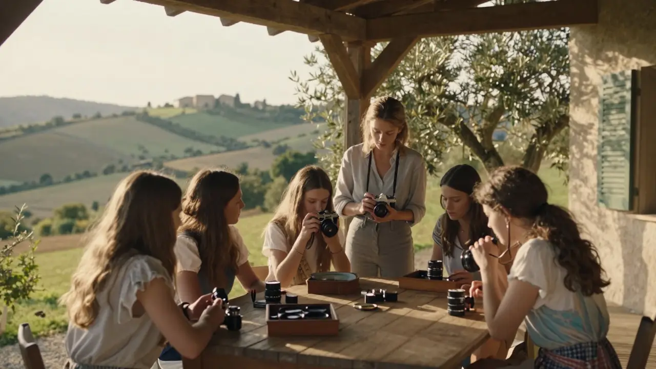 A woman teaches young women to use film cameras on a farmhouse porch, golden hour light filtering through olive trees.