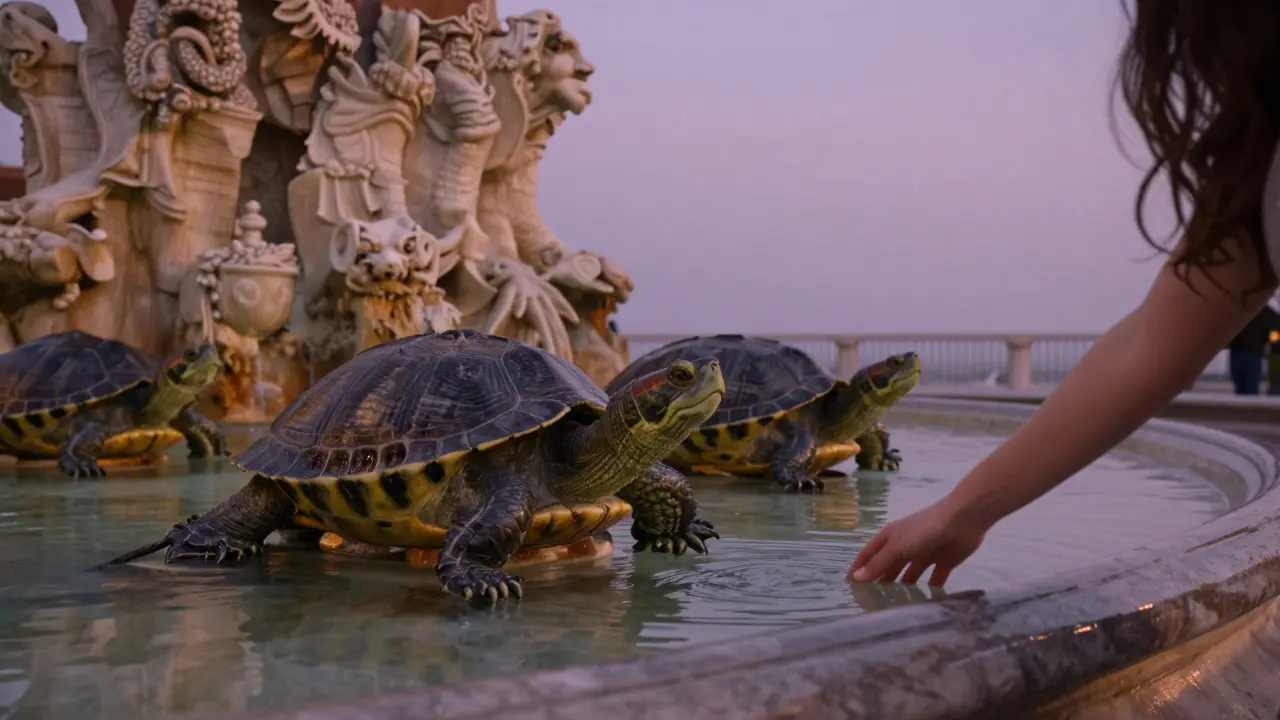 A woman touches the Fontana delle Tartarughe at dusk, bronze turtles curling beside her, water rippling in the fading light.