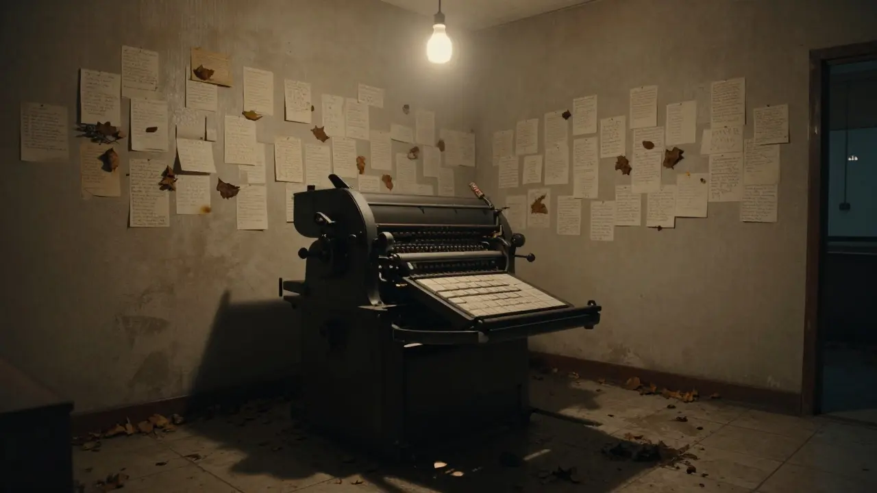 An abandoned printing press filled with handwritten letters, lit by a single bulb, as visitors quietly add their own notes.