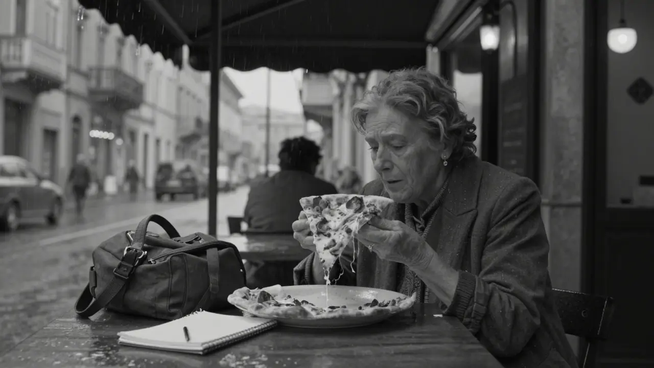An elderly Roman woman offering Sara pizza in the rain, their quiet connection illuminated by soft streetlight.