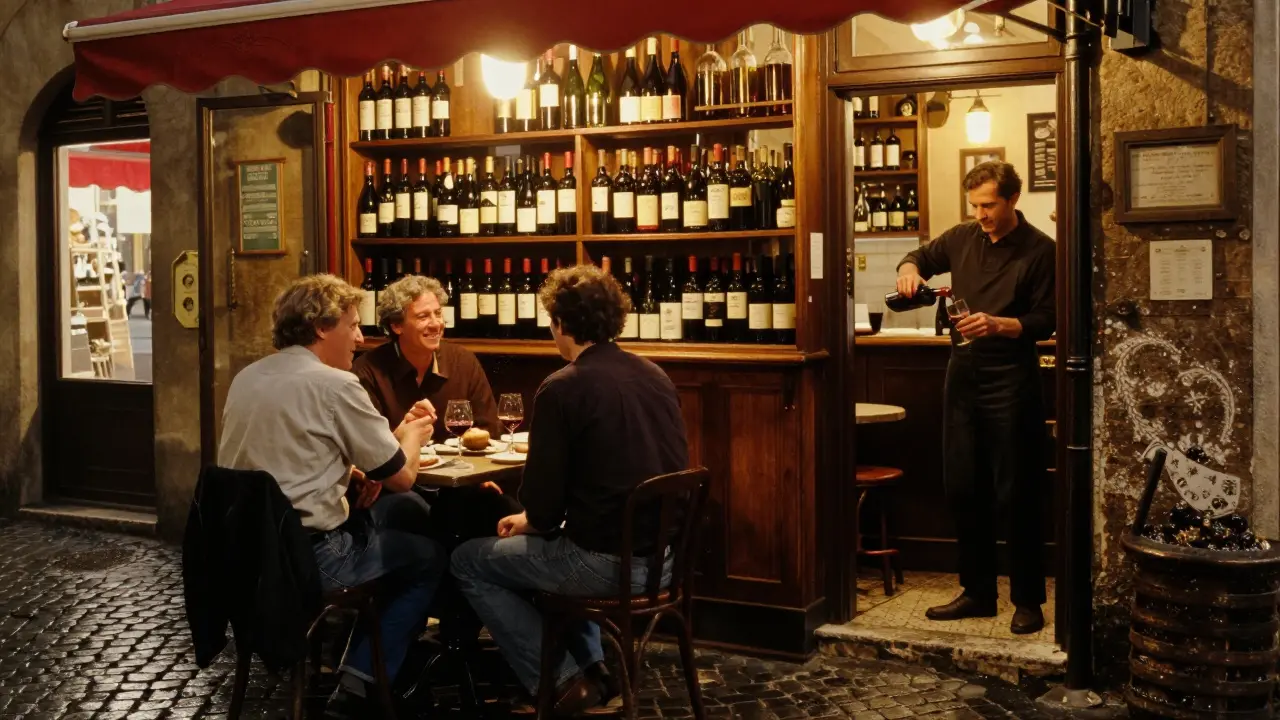 Cozy Roman wine bar in Trastevere at night, warm lighting, bottles, and people enjoying wine.