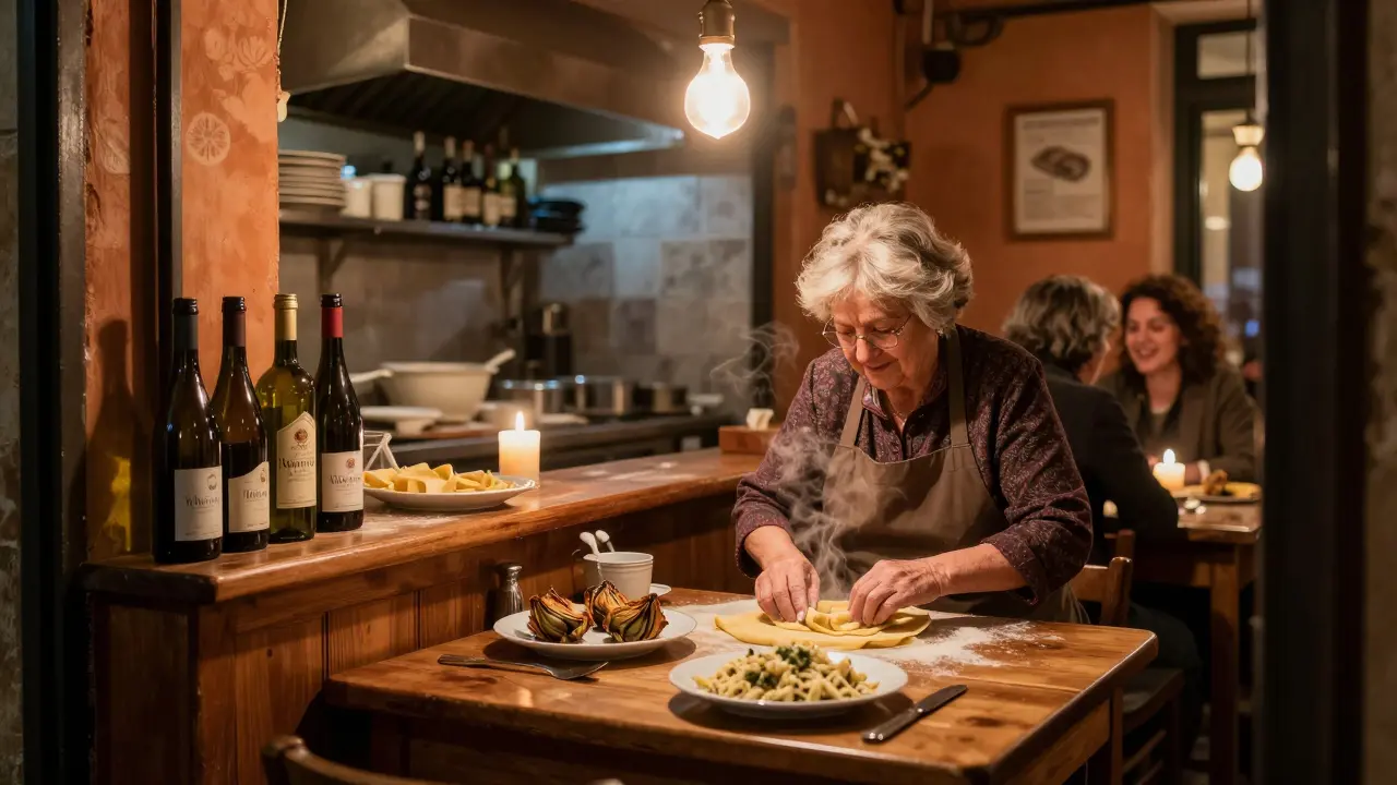 Cozy Trastevere restaurant interior with pasta being made and candlelit tables.