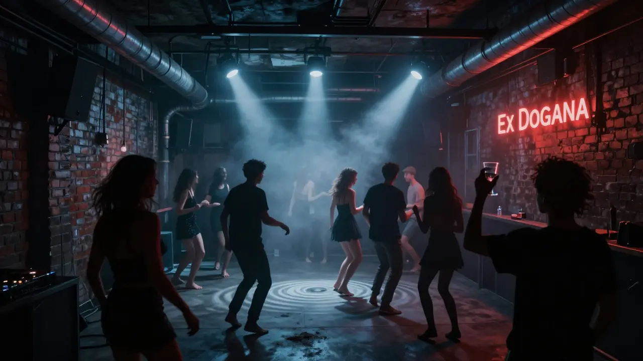 Crowd dancing in a gritty underground techno club with industrial decor and pulsing colored lights.