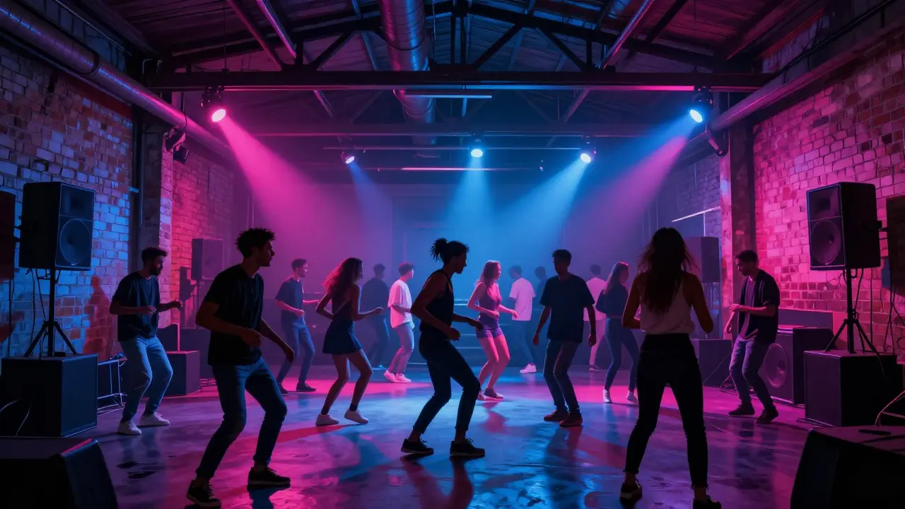 Crowd dancing in a raw industrial nightclub with neon lights and vibrant energy.