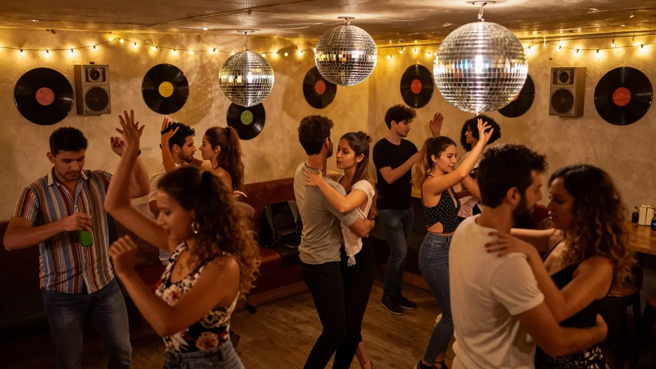 Dancers moving to Latin music in a warm, cozy basement venue.