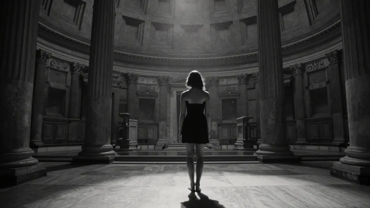 Danika standing barefoot in the Pantheon at dawn, sunlight catching her shoulders, empty marble floor around her.