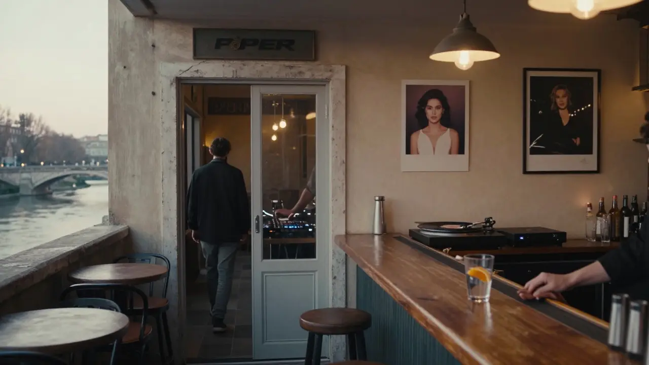 Dawn light over the Tiber as the last guest leaves Piper Club, an empty room with a single glass on the bar.