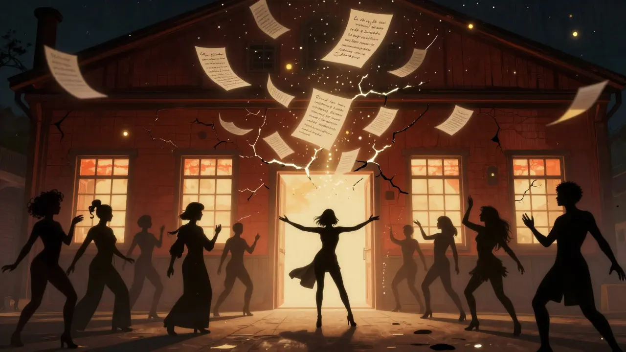 Firehouse as a glowing building emitting floating handwritten notes like fireflies in the dark.