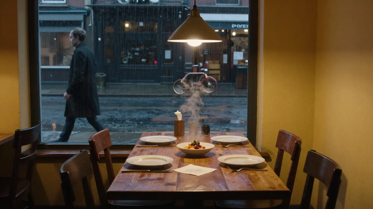 Five-course meal set at midnight, rain outside, a napkin with poetry on the table.