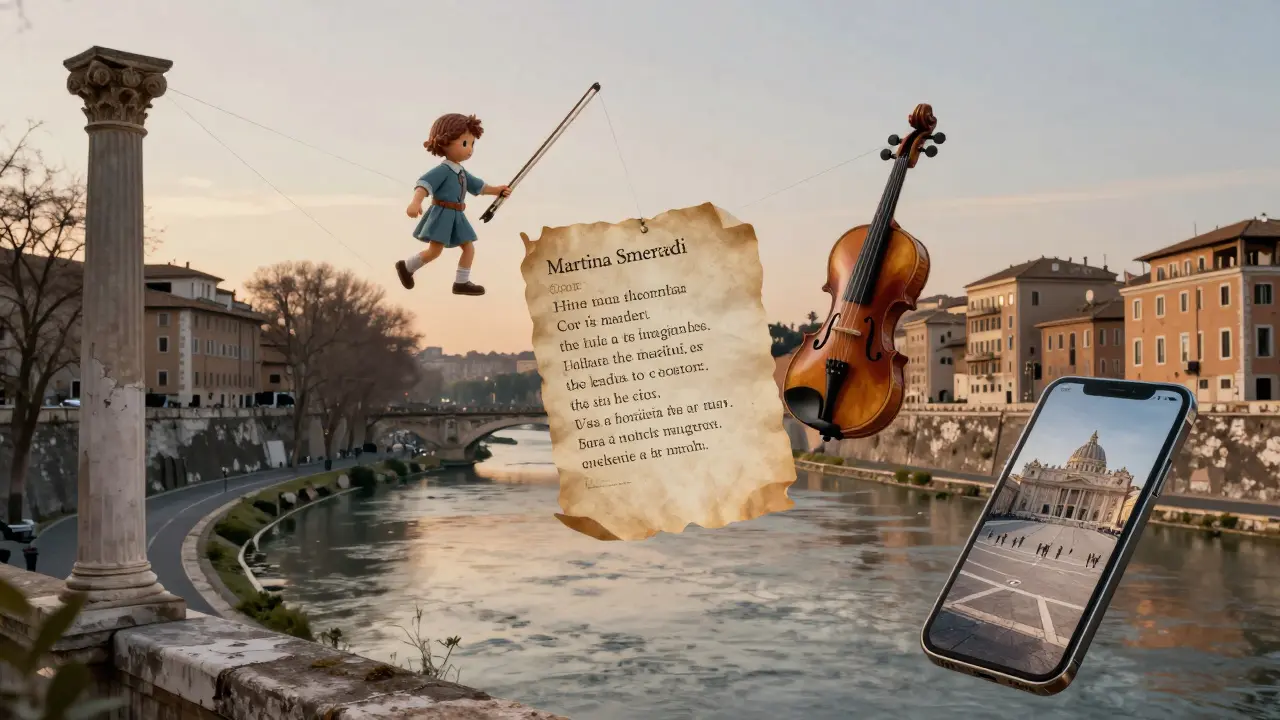 Floating objects—toy, poem, violin bow—suspended above the Tiber, connected to Rome’s ruins and a glowing smartphone screen.