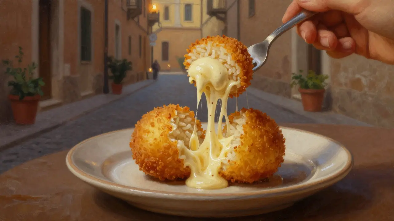 Golden supplì with molten cheese stretching as it&#039;s bitten into.