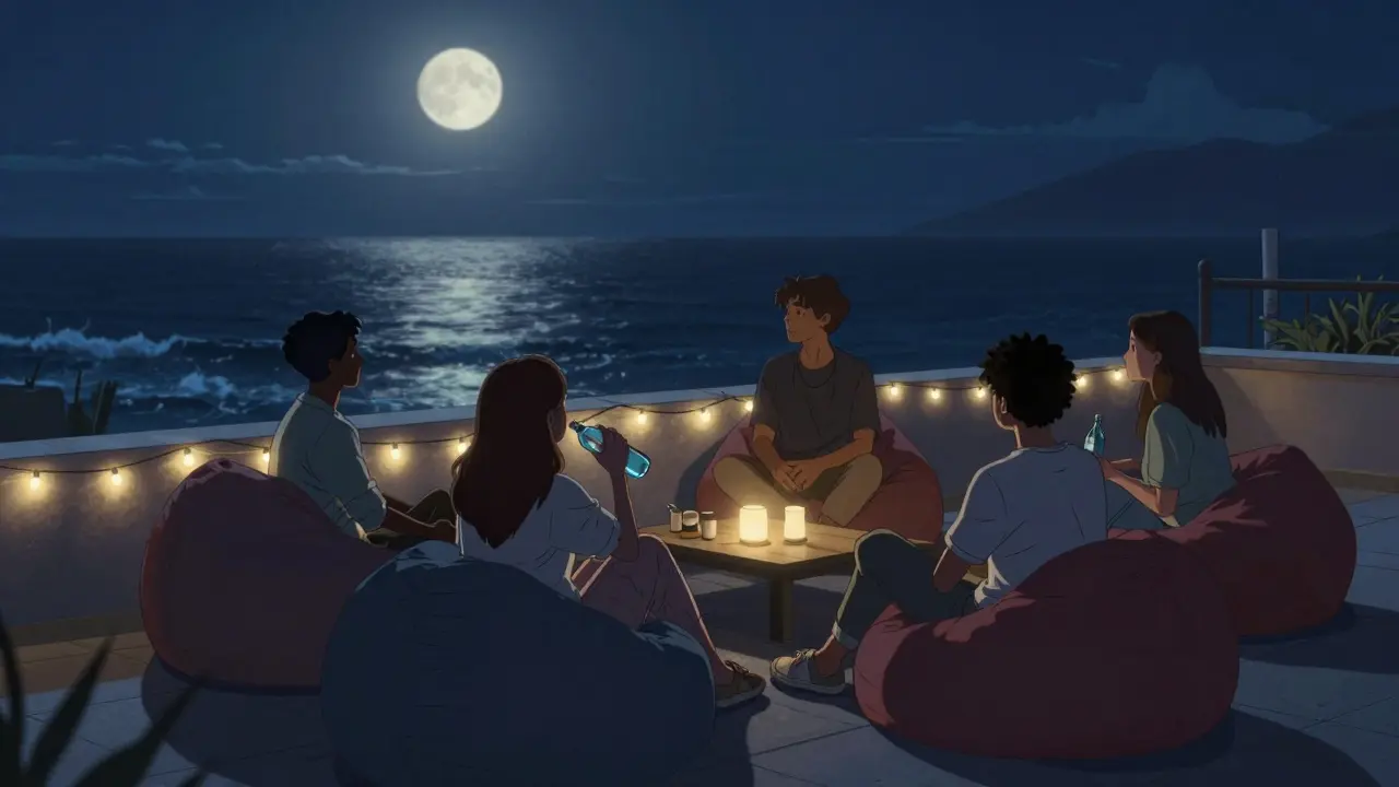 Group sitting quietly on a rooftop at midnight, sharing water as waves crash below