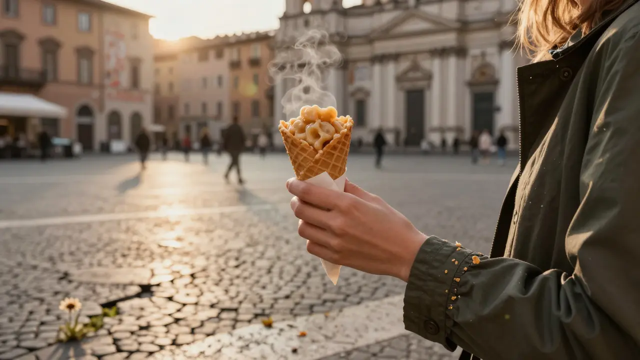 Hand holding a paper cone of supplì, steam rising, crumbs on coat, blurred Roman piazza in the background.