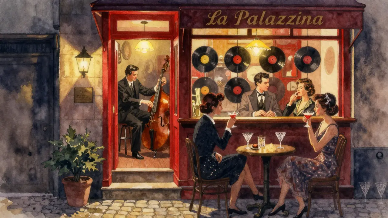 Hidden jazz bar accessed by a narrow staircase, lit by warm lamp glow with musicians playing softly inside.