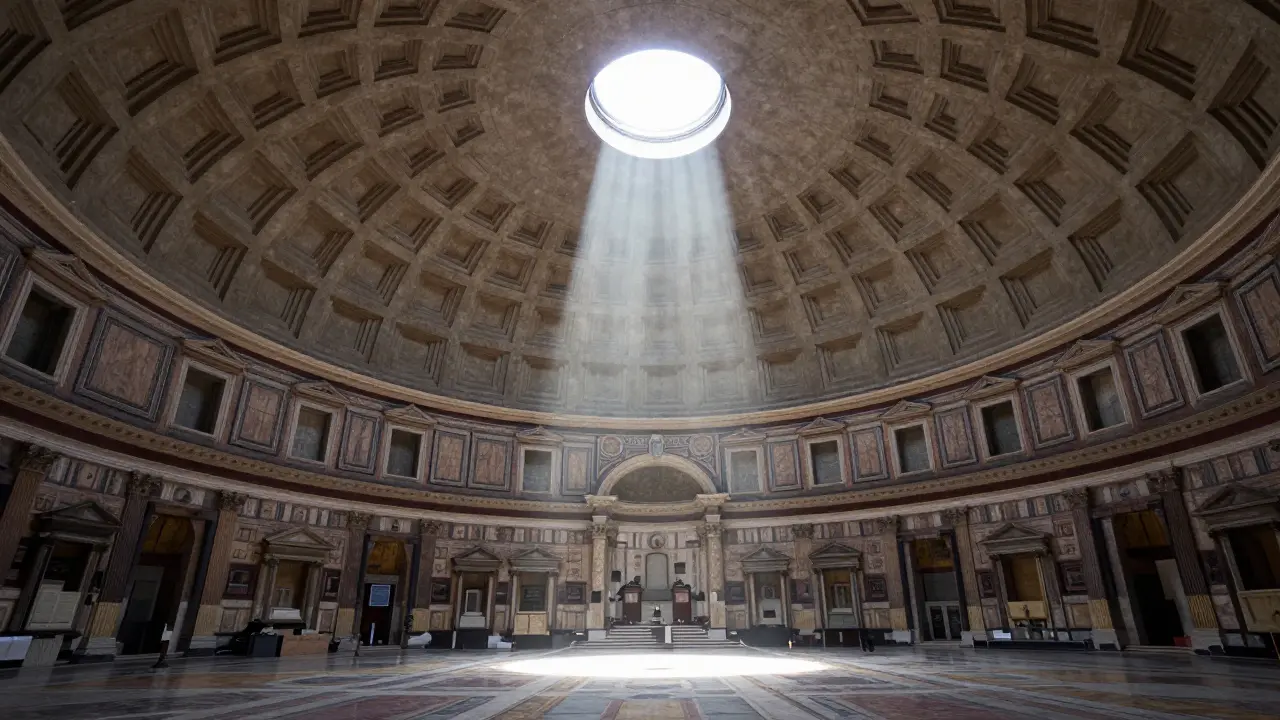 Inside the Pantheon, a beam of sunlight shines through the oculus onto the marble floor.