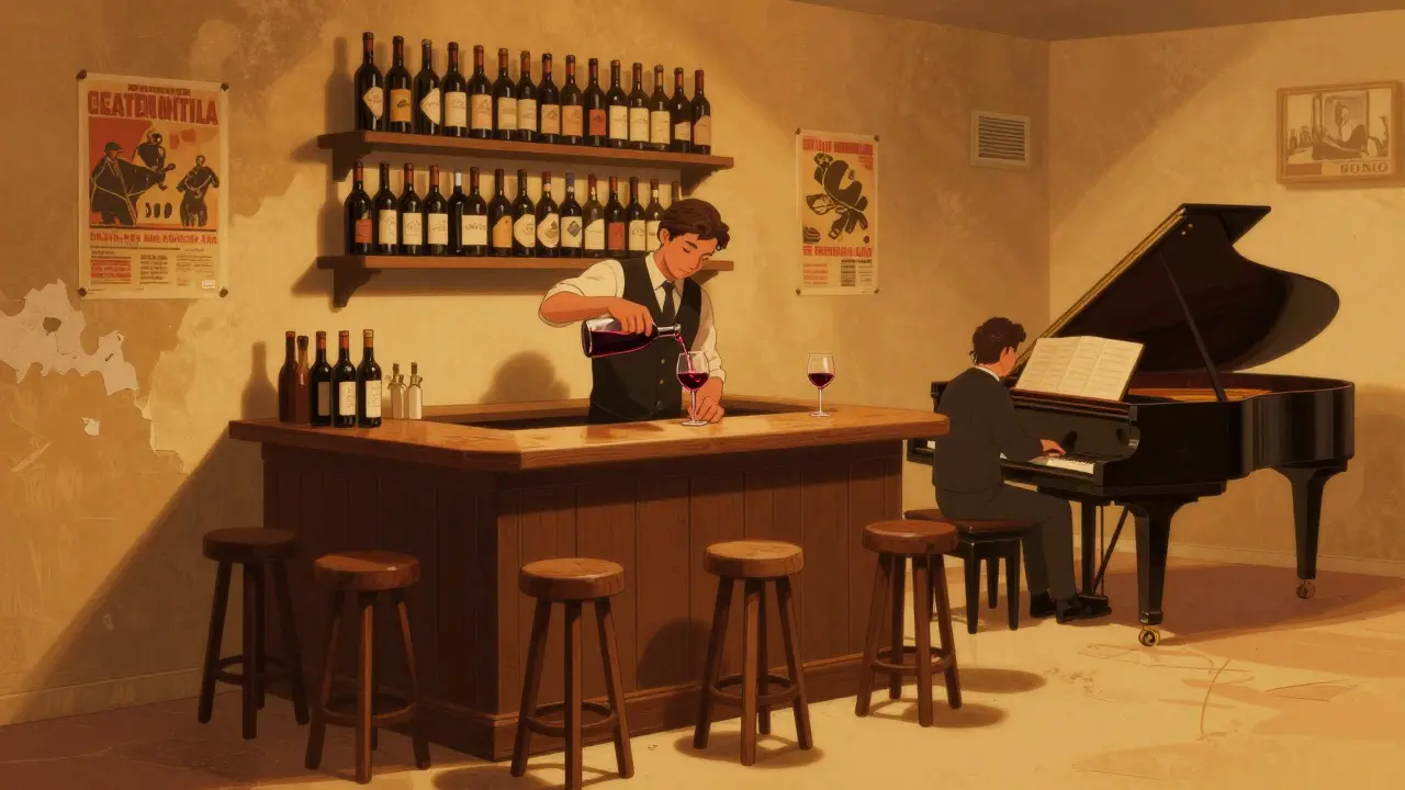 Intimate wine bar with a bartender pouring red wine and a grand piano in the corner.