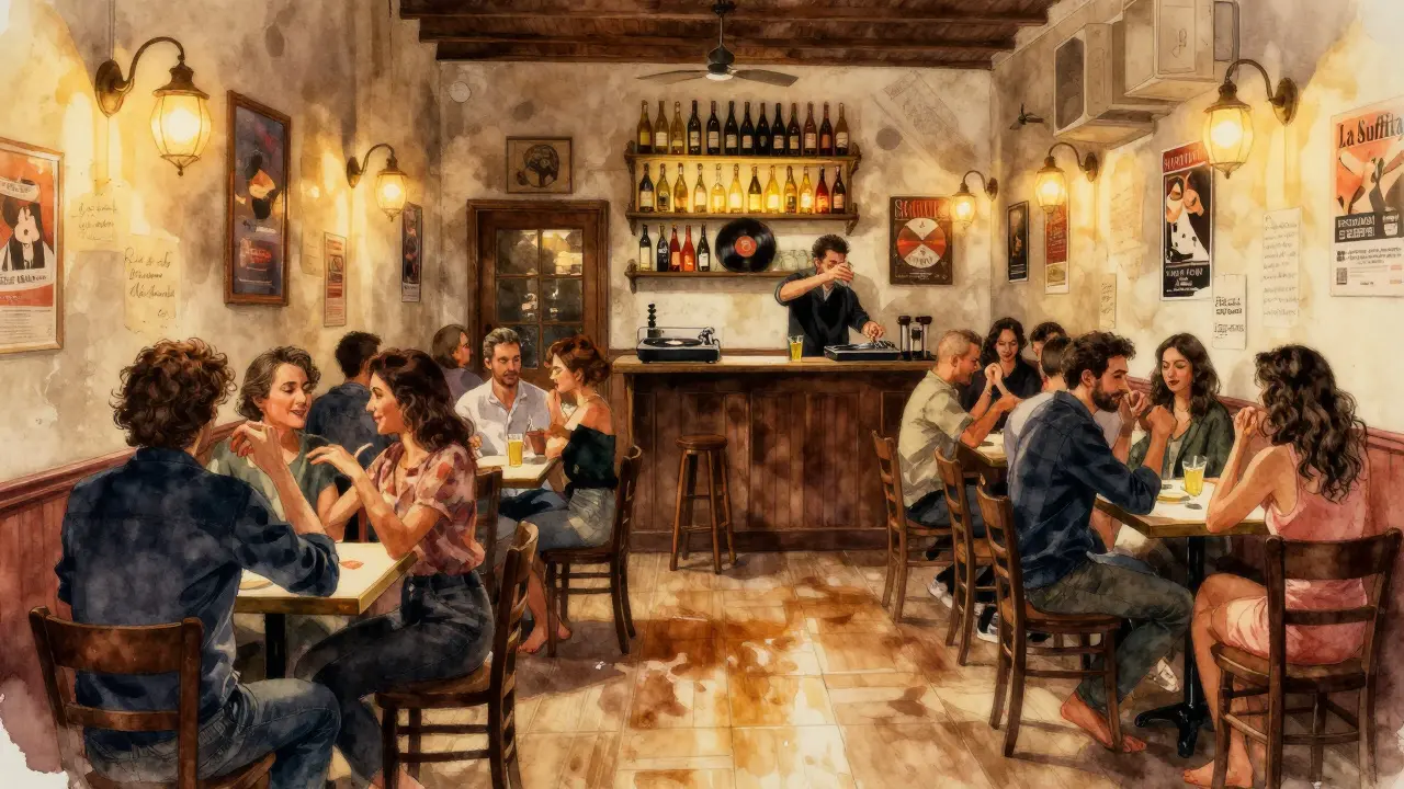 Intimate wine bar with patrons dancing barefoot to vinyl records under warm lighting.