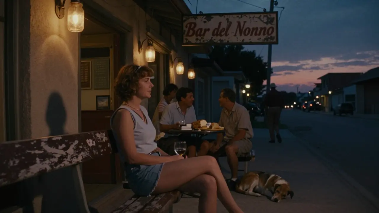 Lisa Ann sitting alone outside a dimly lit Roman bar at dusk, with wine and lanterns glowing softly.