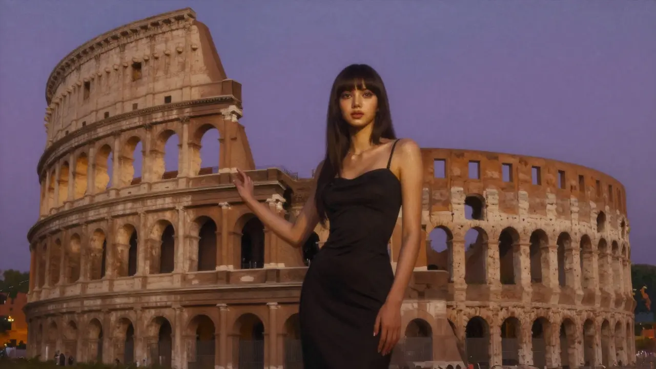 Lisa Ann standing beside the Colosseum at dusk, calm and dignified, bathed in golden light.