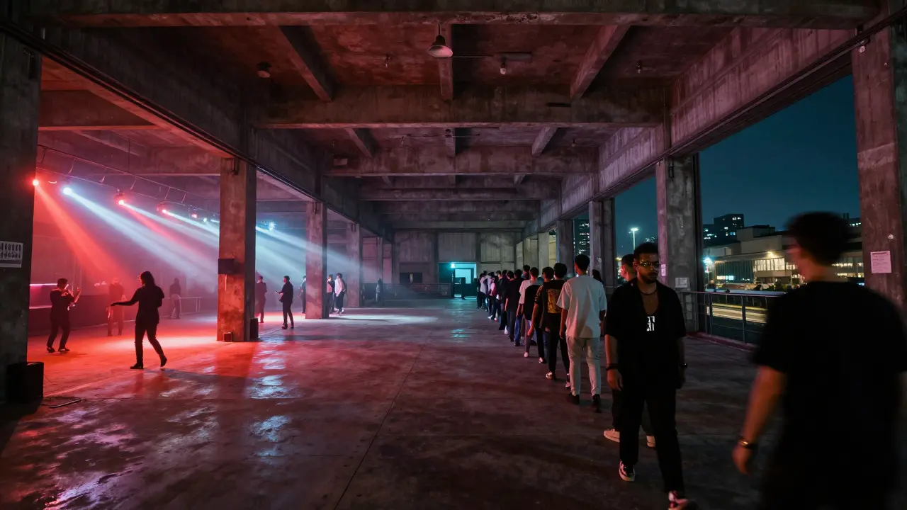 Long line of people outside a massive warehouse club under night sky.
