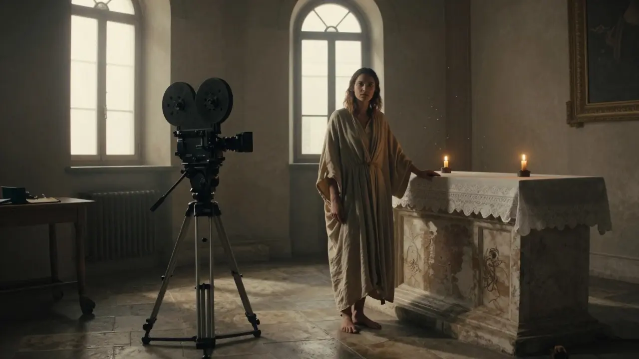 Martina in a silent chapel studio, lit only by candlelight and natural windows, standing barefoot on stone.