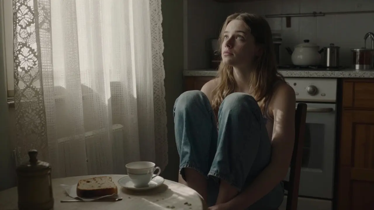Martina in a simple kitchen, gazing upward with silent intensity, natural light filtering through lace curtains.