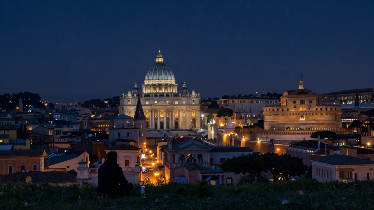 Nighttime view from Janiculum Hill showing Rome’s dome and city lights below.