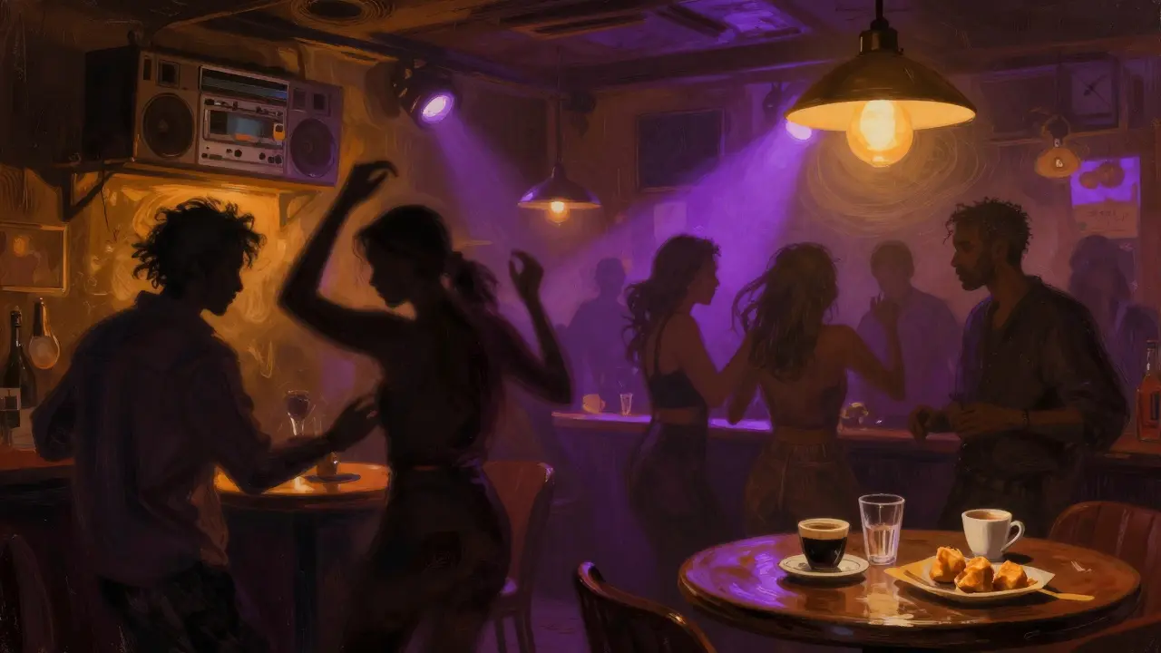 People dancing in Club 360’s back room with warm lights and vintage sound equipment.