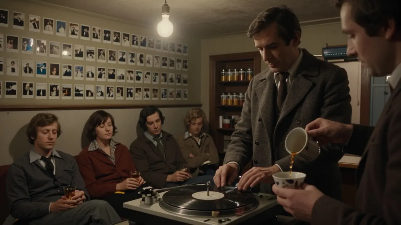 Quiet patrons in a dimly lit club, a man in a wool coat playing vinyl, no phones, warm amber lighting.