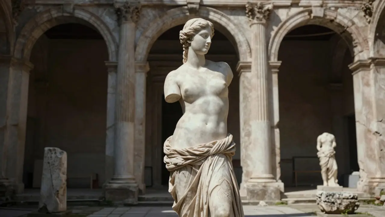 Rebecca standing in ancient Roman bath ruins, lit by dramatic natural light casting soft shadows.