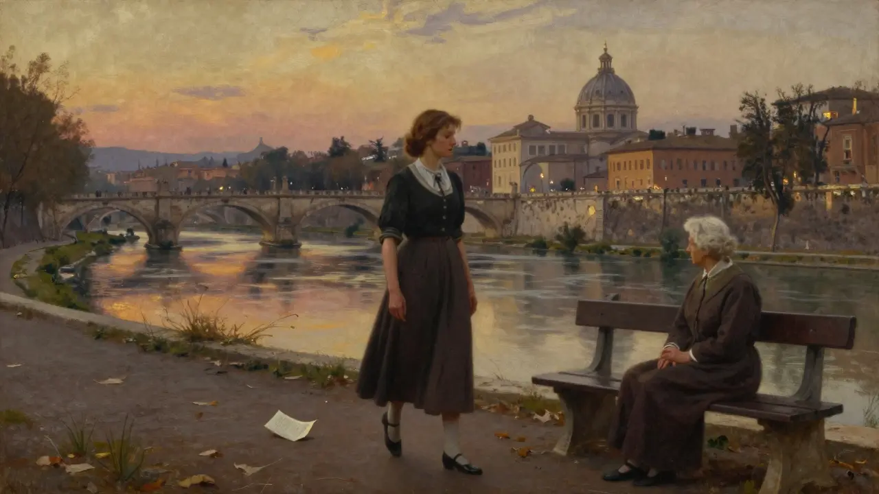 Rebecca walking beside the Tiber River at twilight, her grandmother seated silently on a bench.