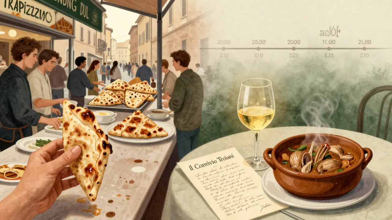 Rome&#039;s food culture: busy Trapizzino counter transitioning to quiet candlelit dinner.