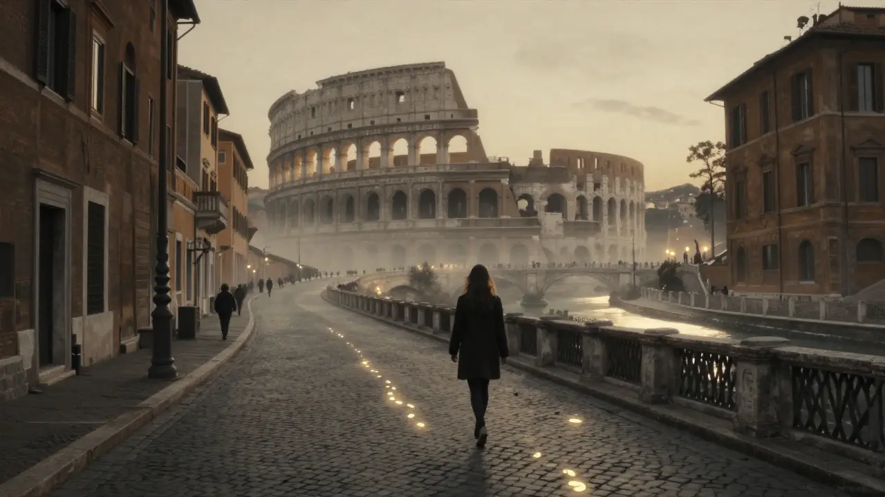 Rome at 4 a.m. as a breathing city, with Danika walking unseen, her footsteps fading into mist.