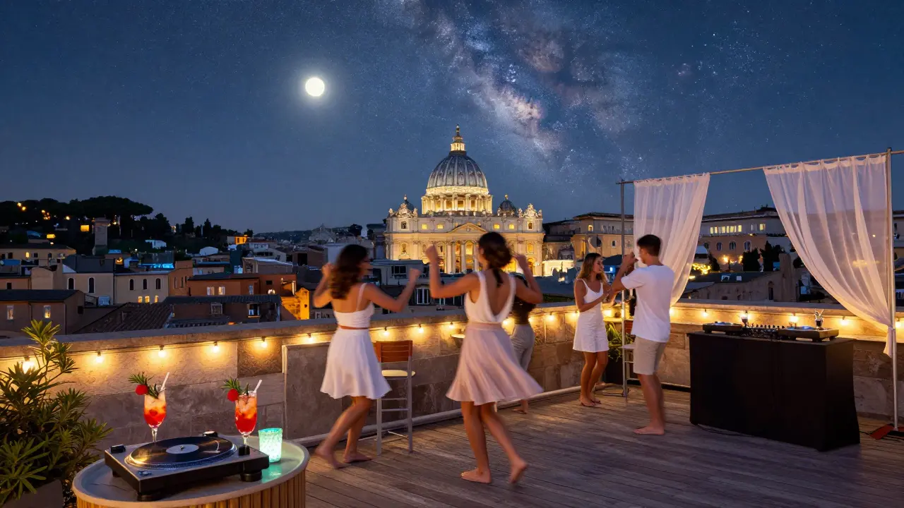 Rooftop party at La Terrazza del Gianicolo with St. Peter’s dome in the distance under starry sky.