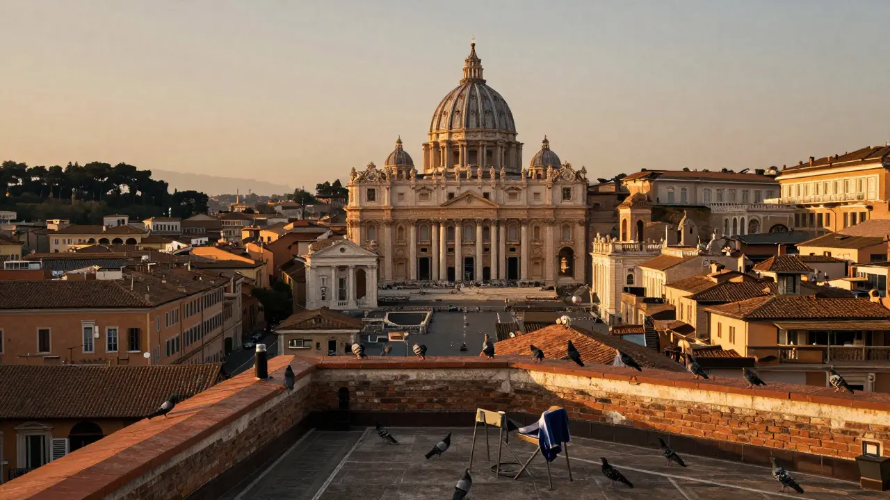 Rooftop view of Rome at sunrise with St. Peter’s dome, red tiles, and pigeons over empty chairs.