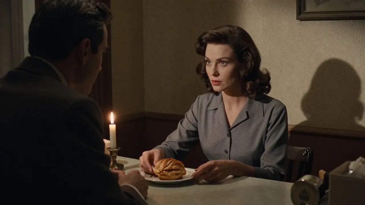 Silvia Dellai serving a pastry to a shadowy man in a dim bakery, eyes locked in silent power.