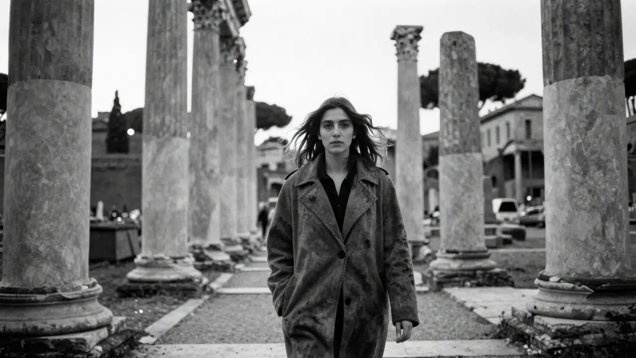 Silvia Dellai walking through ancient Roman ruins at dawn, whispering to the camera in black and white.