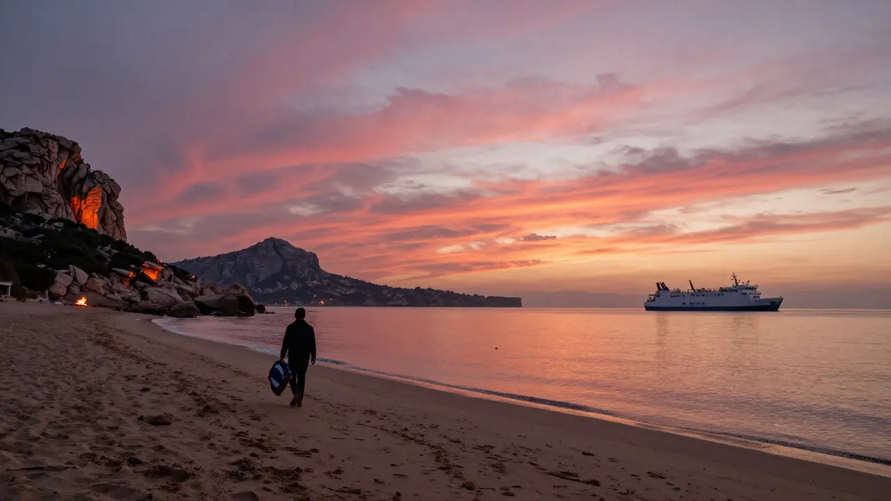 Solitary figure walks empty beach at dawn with ferry heading to island as sunrise glows