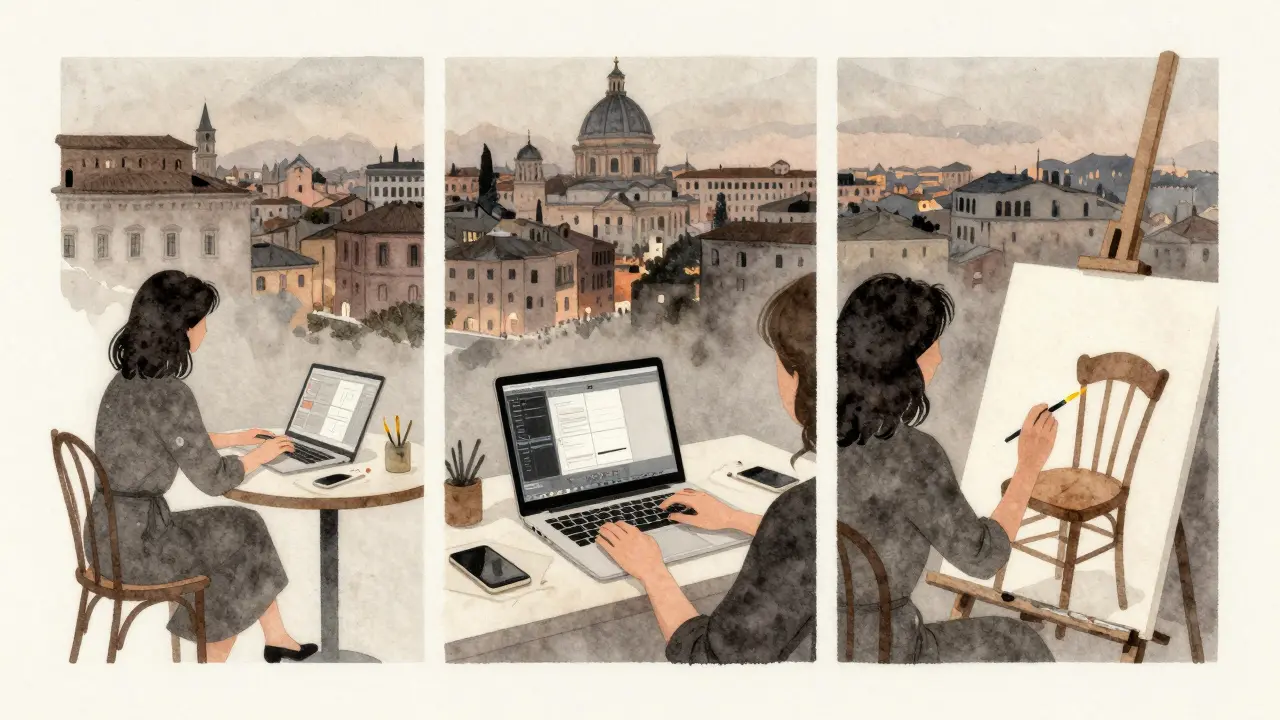 Three connected scenes showing Marica’s life: tutoring, editing, and painting—all blending into a Roman skyline at dusk, symbolizing her journey of authenticity.