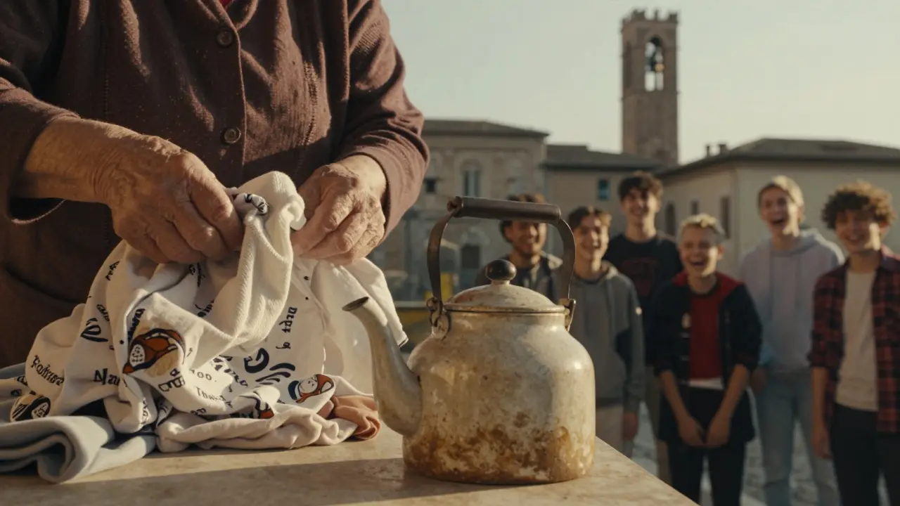 Three symbolic moments from Martina’s life: folding laundry, a family teapot, and teens in a church radio station, all bathed in warm Rome light.