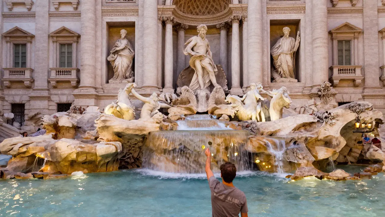 Trevi Fountain at dusk, water flowing as a person tosses a coin into the basin.