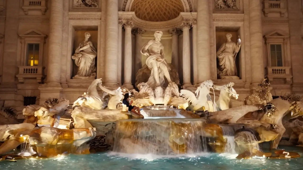 Trevi Fountain glowing under golden lights at night, a person sitting on the steps with gelato.