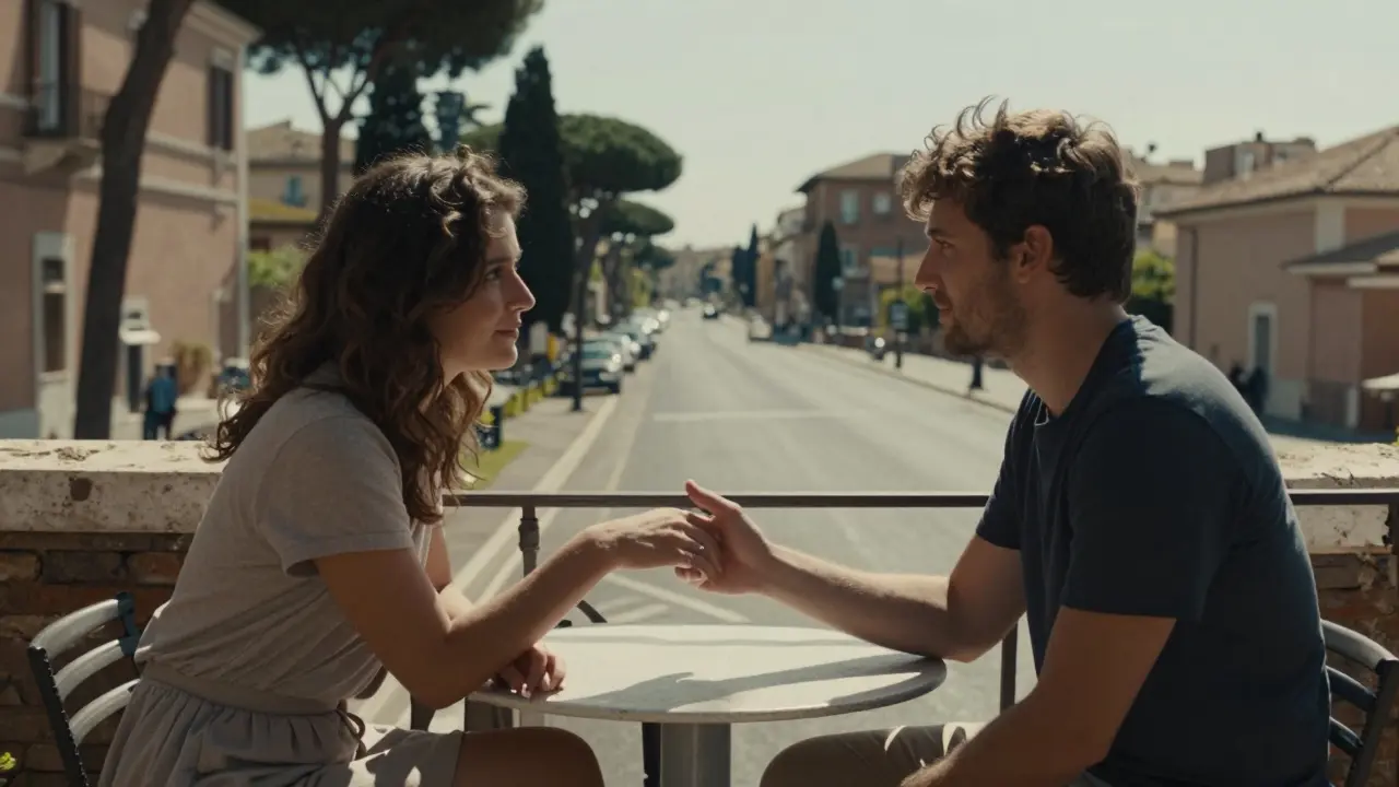 Two people in a quiet moment of intimacy on a sunlit terrace near the Appian Way, filmed in natural light.