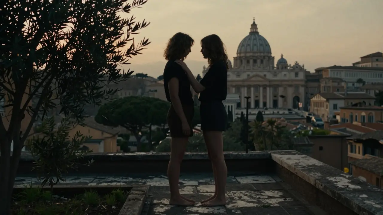 Two silhouettes share a tender moment on a Roman rooftop at sunset, city skyline in the background.