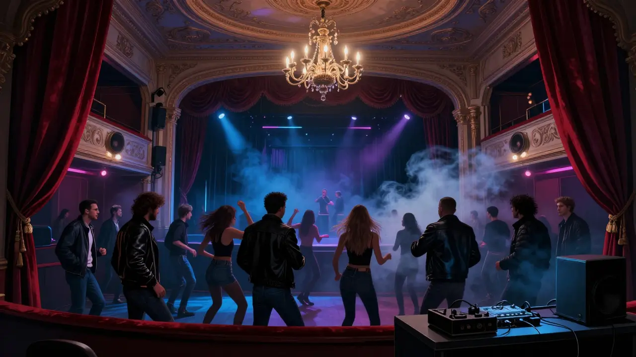 Underground club in a historic theater with dancing crowd and dramatic chandeliers.
