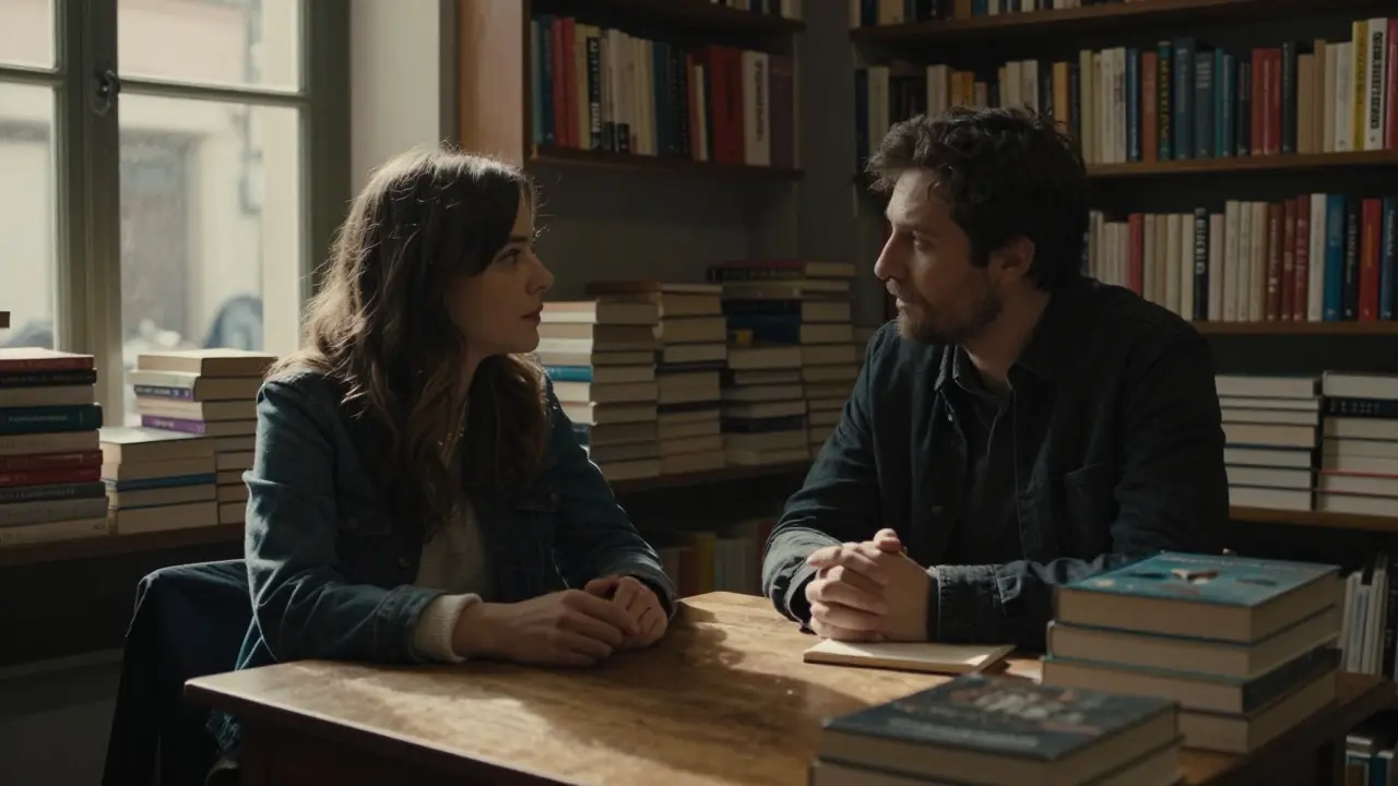 Vittoria in a bookshop, sharing a silent moment with a filmmaker over books and sunlight.