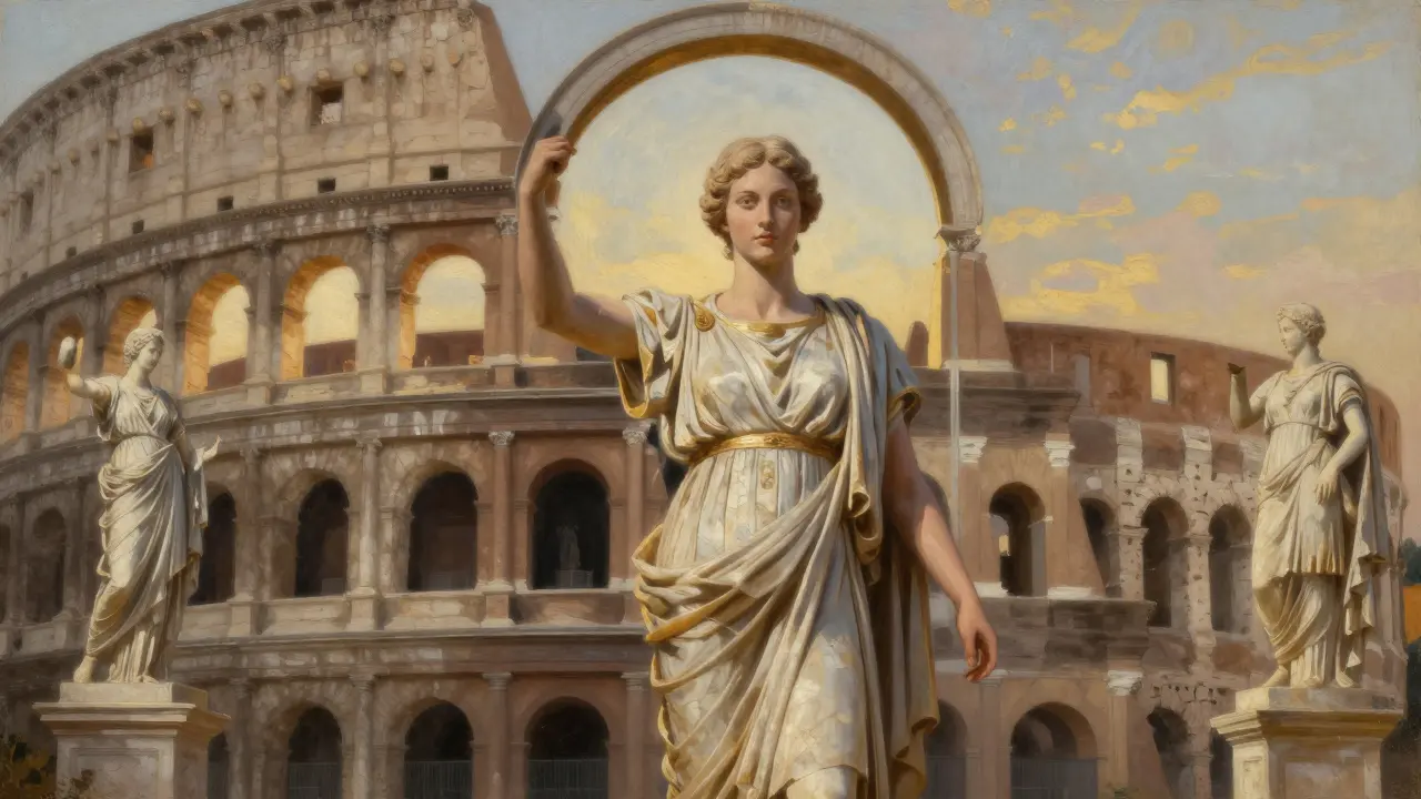 Vittoria standing before the Colosseum, her posture echoing Roman statues in golden hour light.
