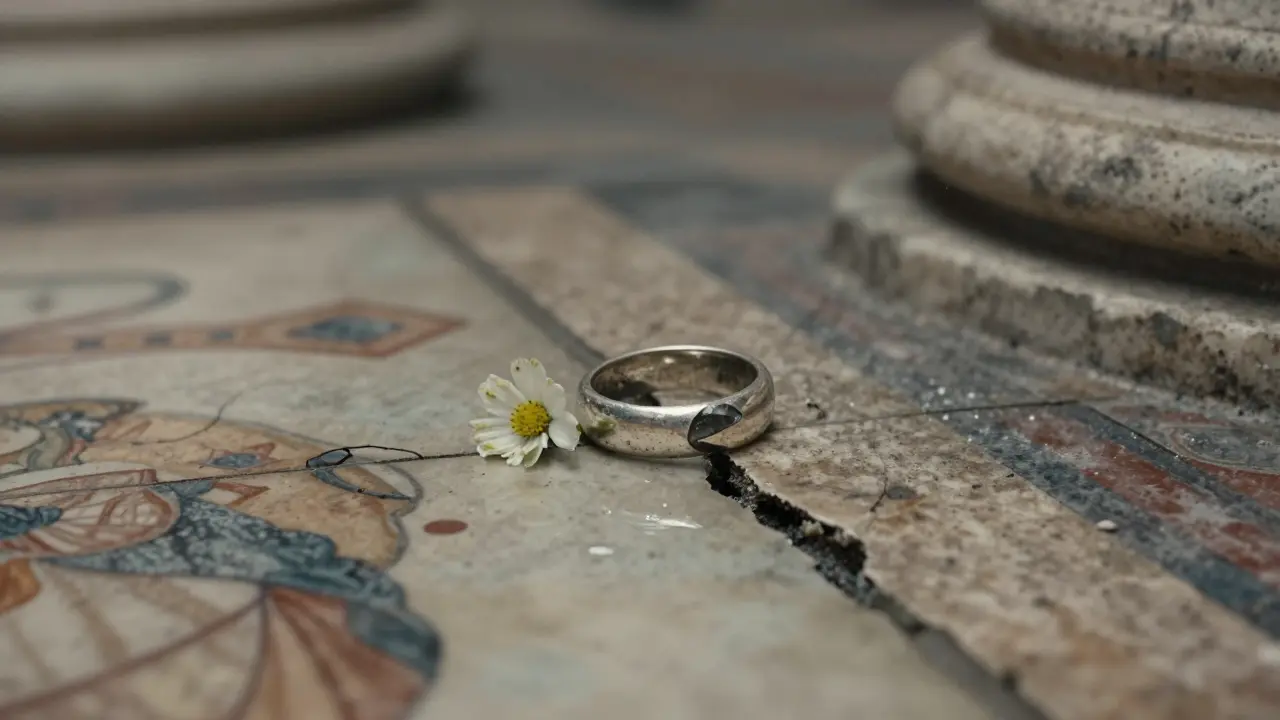 Weathered silver ring with crooked stone resting on a cracked tile near the Pantheon, a wildflower growing through the crack.